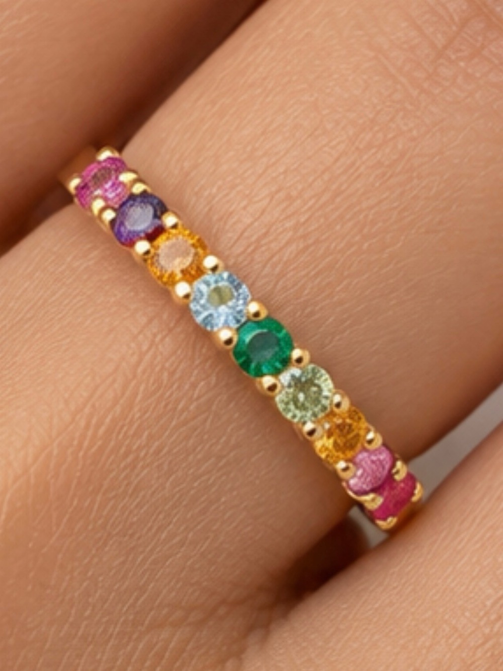 Rainbow Eternity Band Ring | Colorful CZ Stackable Ring - Picture 2 of 2